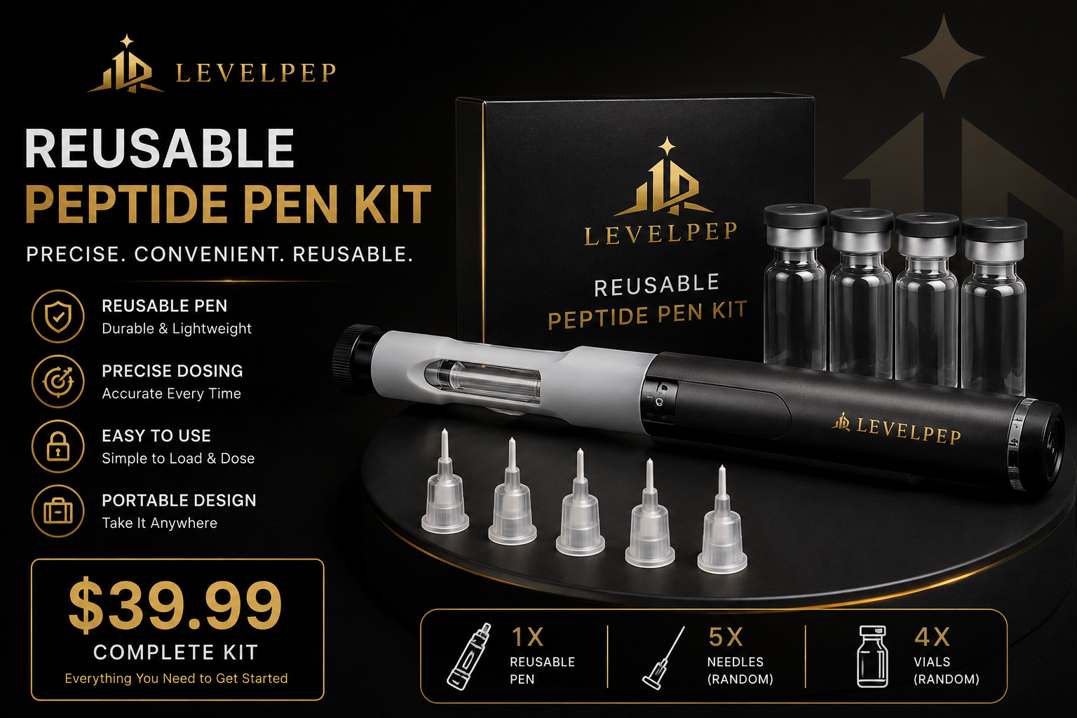 Reusable Peptide Pen Kit | 1 Pen + 5 Needles + 4 Vials